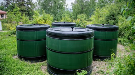 Large green outdoor water storage barrels collecting rainwater in a grassy area surrounded by trees