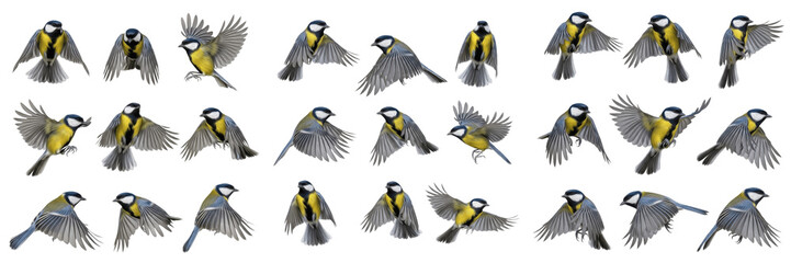 Great Tit bird flying sequence set isolated on white background, multiple poses of Parus major in flight © Rama