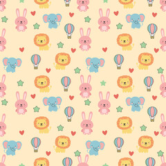 Cute seamless pattern with hand-drawn baby lions, elephants, rabbits, and hot air balloons. Pastel colors background perfect for nursery wallpaper, baby textiles, and kids' birthday stationery.
