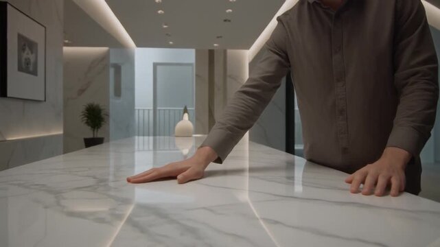 Man touching white marble countertop in modern kitchen interior