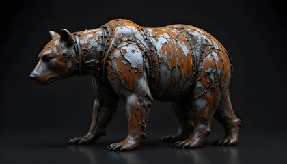 Fototapeta premium Rustic metal bear sculpture with peeling paint on dark background