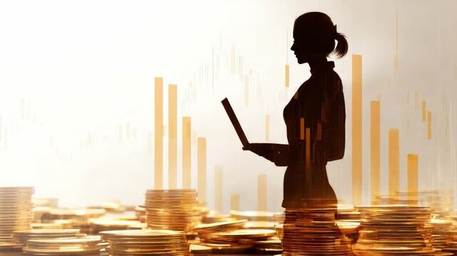 Financial Visionary: A silhouette of a businesswoman, absorbed in her work on a laptop, standing before a backdrop of golden coins and bar charts.