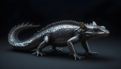 Obraz premium Metallic lizard creature with spiky scales on dark background