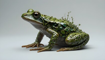 Obraz premium Vibrant green frog with leafy growth on its back against grey background