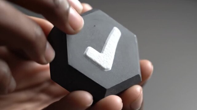 A hand holds a matte black multifaceted device with angled edges set against a blurred grey background