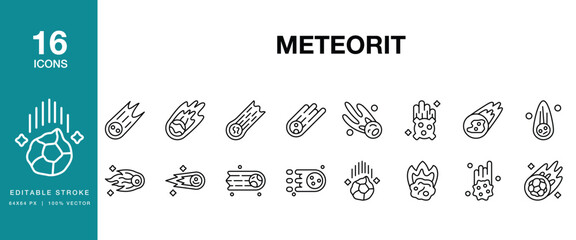 Meteorite icon set. Includes meteor, meteoroid, asteroid, fireball, bolide, comet and More. Editable Stroke Icon Collection. © SpaceFabric