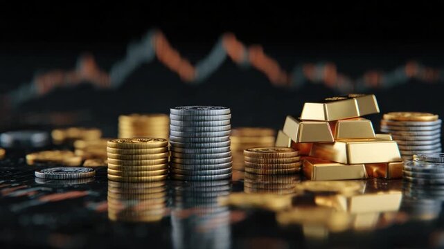 Golden Fortune: Close-up of gold bars, silver coins, and golden coins arranged, symbolizing wealth and prosperity with a blurred graph backdrop. 