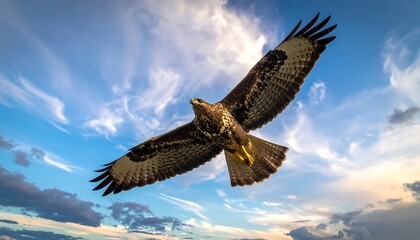 Fototapeta premium Bird of prey soaring in a bright, partly cloudy sky