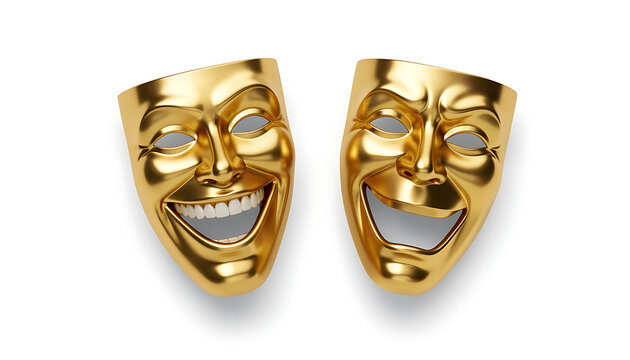 Golden Comedy and Tragedy Theater Masks Isolated on White Background