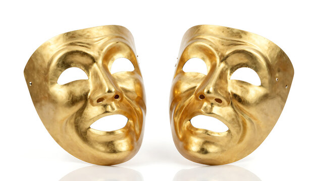 Golden Comedy and Tragedy Theater Masks Isolated on White Background