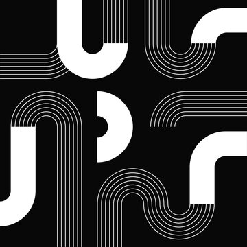 Dark mode modern art composition, for branding, packaging, editorial layouts, stylish backgrounds. Abstract linear pattern illustration with flowing parallel stripes. White, black, monochrome. 