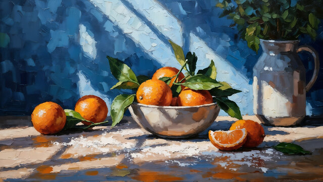 Fresh Oranges in Bowl Still Life Blue and Orange - Impasto Oil Painting