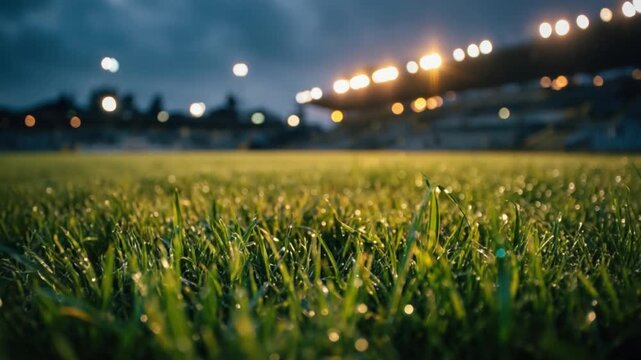 Nighttime Field: Capturing the tranquil beauty of an empty sports field illuminated by stadium lights.