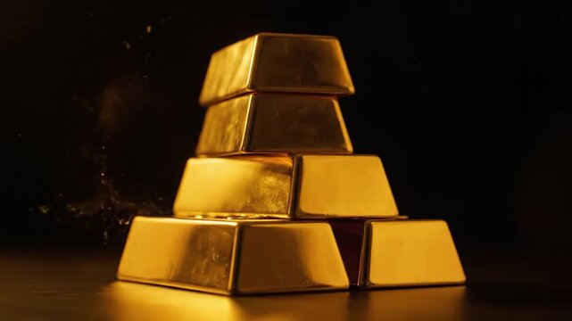 Stack of gold bars with dramatic lighting.