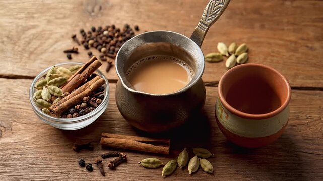 Traditional Masala Chai tea ingredients with spices and preparation pot
