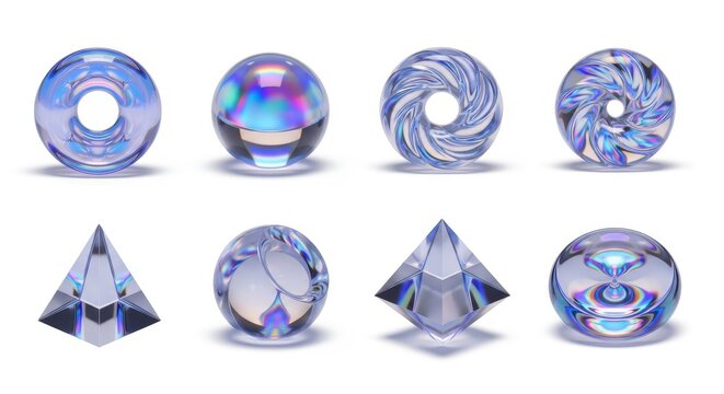 Collection of iridescent, complex geometric shapes crafted from transparent material