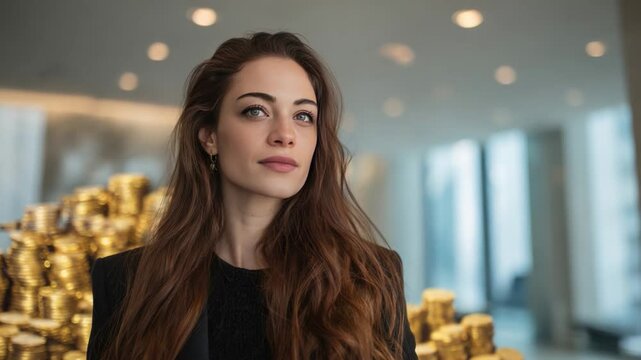 Ambitious Vision: A woman, radiating confidence and determination, gazes upward with a vision for the future, standing before a towering hoard of gold coins.
