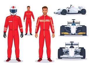 Obraz premium Cartoon racer with various poses and views of race cars