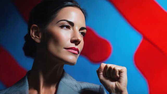 Confident Woman's Portrait: A striking woman projects strength and determination against a dynamic abstract backdrop, embodying focus and ambition.