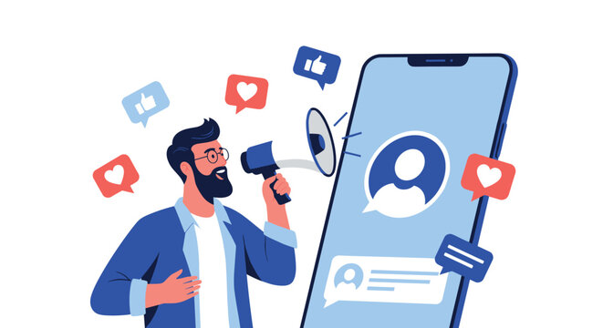 Influencer using megaphone to promote brand on social media platform through large smartphone with engagement icons.
