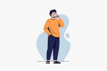 Casual Man Standing Drinking Coffee Break Flat Vector Illustration