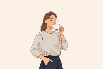 Relaxed young woman enjoying hot coffee or tea with eyes closed flat vector illustration