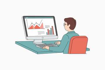 Male Business Analyst Monitoring Growth Charts on Desktop Computer Vector Illustration