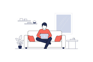 Freelancer Working From Home on Laptop Sitting on Sofa Flat Line Vector Illustration