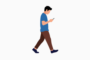 Flat Vector Illustration of Casual Young Man Walking While Using Smartphone