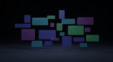 Abstract digital blocks with glowing neon outlines and soft gradients on dark background.