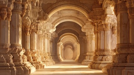 Long ancient stone corridor with ornate columns and arches in historical temple