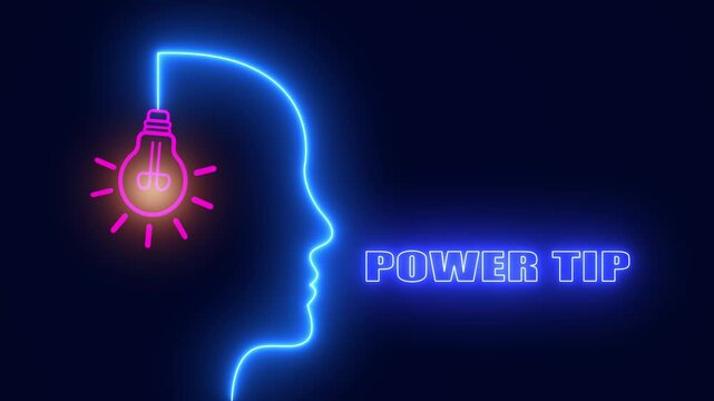 Human head profile with glowing neon light bulb representing power tip, creative thinking, brain activity, logic, blue and pink
