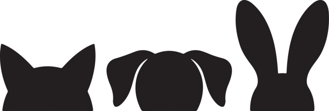 Banny`s ears set, black silhouette vector illustration isolated on white background, elements for easter decoration,cutting or printing