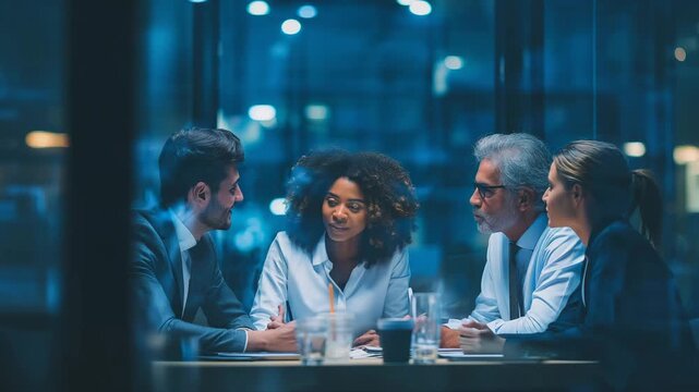 Diverse business professionals in deep discussion around a table in a modern office at night with bokeh lights