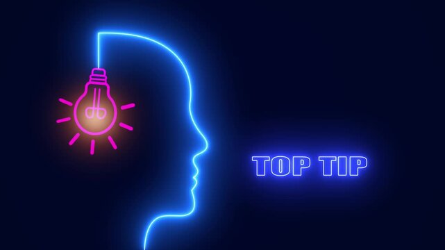 Top tip neon light concept with glowing human head outline and light bulb representing creative idea or useful advice