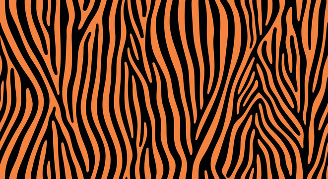 Seamless bold orange and black animal stripe pattern with flowing tiger zebra inspired organic lines