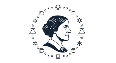 Illustration of Susan B. Anthony, a prominent women's rights activist in America, surrounded by symbolic icons representing The Revolution and Women's voting rights. © Fasuga