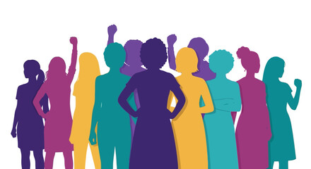 Colorful silhouettes of women in various poses against a clean white background for Susan B. Anthony Day or Women's Rights related projects. © Fasuga