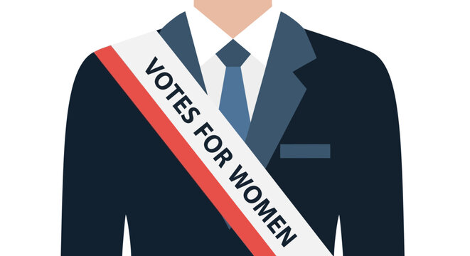 Illustration of a man in a suit with a 'Votes for Women' sash, representing Susan B. Anthony and the American Anti-Slavery Society's fight for women's voting rights in America.