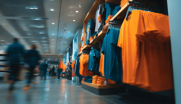 Sportswear store display featuring vibrant orange and blue athletic clothing with textured fabrics, polyester material, and modern style in a retail environment