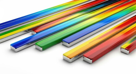 Fototapeta premium Rows of elongated, colorful, glossy metallic bars are arranged diagonally across a white background.