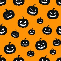 Obraz premium Black grinning pumpkin silhouettes pattern on an orange background