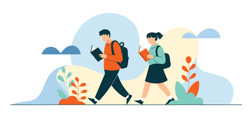 Students Walking to School vector illustration, boy and girl carrying backpacks and reading books, education journey concept, isolated on white background, perfect for educational content, websites, i © BASAR BIN HABIB