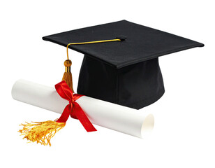 Black academic cap with a tassel and a rolled diploma tied with ribbon