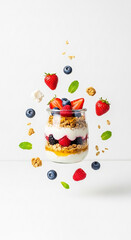 Obraz premium Layered yogurt with berries and granola in mid air