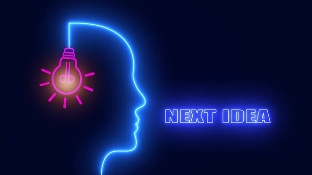 Glowing neon human head profile with bright light bulb representing creative next idea and visionary brainstorming concept