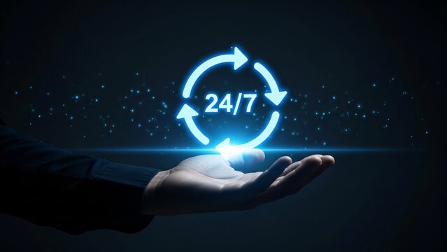 Futuristic digital illustration of a hand holding a glowing 24 7 clock surrounded by a circular arrow representing round the clock service and availability in a high tech environment