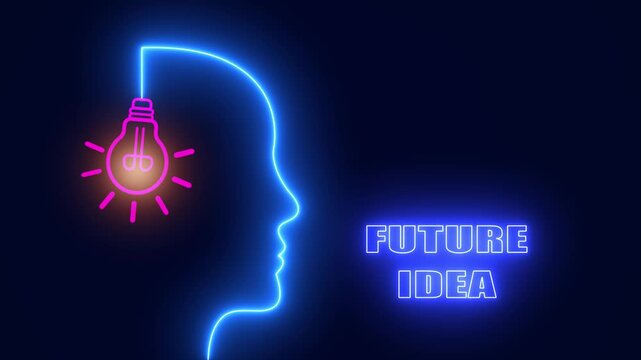 Glowing neon human head profile with bright pink light bulb representing creative future idea and visionary thinking concept