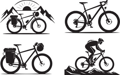 Obraz premium Cycling adventure vector icons set, bicycle symbols, mountain biking elements
