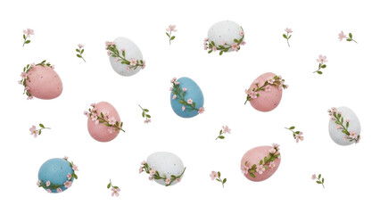 3D Cartoon Easter Eggs with Floral Decorations Isolated Transparent BG Cutout PNG